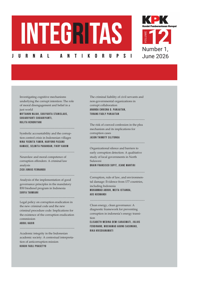					View Vol. 12 No. 01 (2026): INTEGRITAS: Jurnal Antikorupsi
				